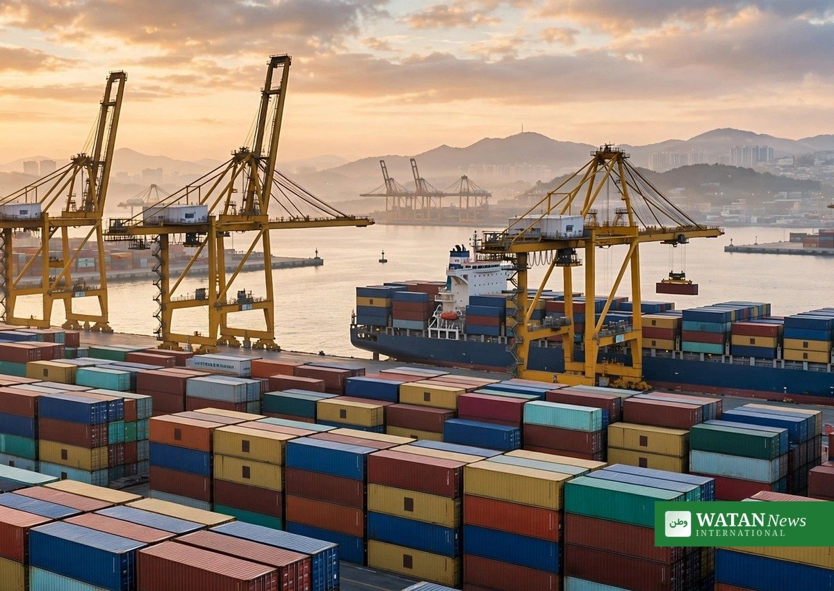 Container ships and cranes at the Busan port in South Korea at sunrise — South Korean exports could face doubled US tariffs (illustration)