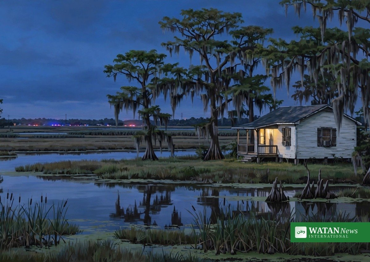 Illustration of a Raceland, Louisiana home at dusk — where Ken Urker, partner of Gypsy Rose Blanchard, was found dead (Ken Urker death story illustration)