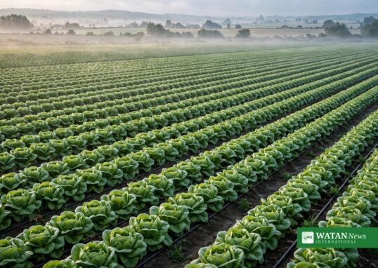 Iceberg lettuce farm field at harvest time — FDA found Cyclospora outbreak contamination at Taylor Farms Mexico site (Illustration: Watan News)