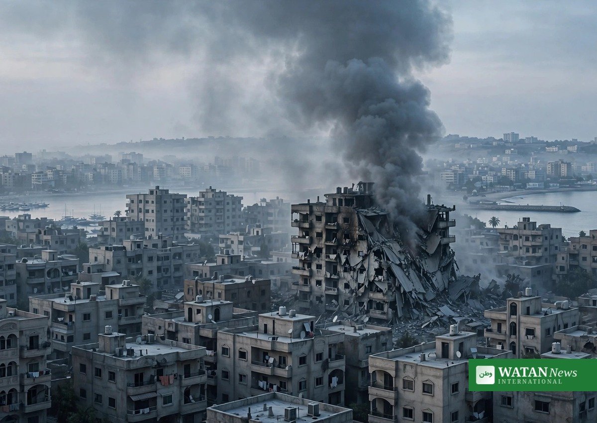 Ødelagt boligblok med røg over Gaza By efter israelsk angreb natten til lørdag den 3. oktober 2026 (illustrationsbillede)