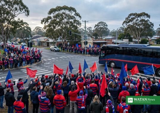 Newcastle Knights fans wave off the team bus before the NRL grand final — Newcastle crowd crash, October 2026