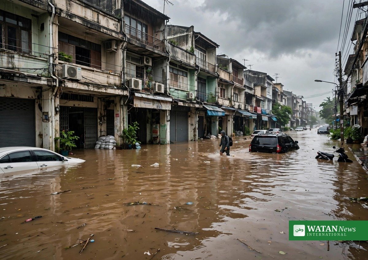 Bangkok floods 2026: flooded street with submerged cars and a resident wading through floodwater after record rainfall