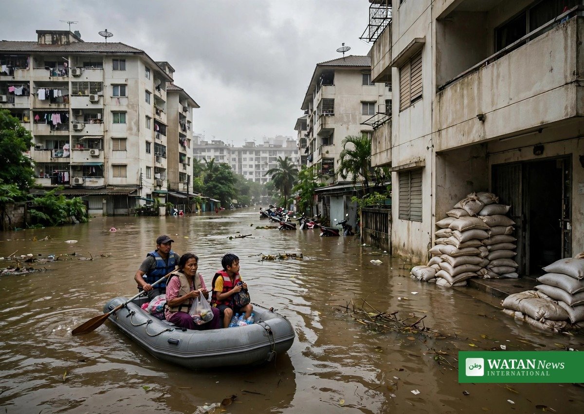 بینکاک سیلاب کے دوران سیلابی سڑک پر کشتی میں سوار رہائشی — تقریباً 6,000 افراد 234 امدادی مراکز میں منتقل (علامتی تصویر)