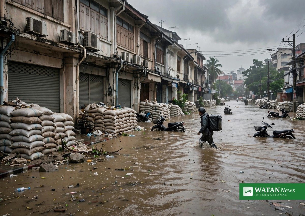 بینکاک سیلاب 2026: ریت کے تھیلوں سے بندھی سڑک پر پانی میں چلتا رہائشی — شہر نے 10 لاکھ ریت کے تھیلے تیار کیے (علامتی تصویر)