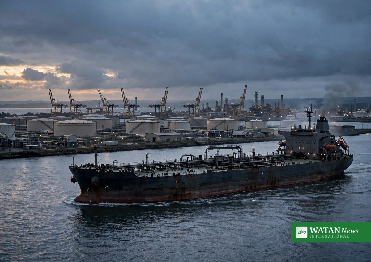 Olietankskib ved industrihavn i skumringen – forstyrrelser i Hormuz-strædet har presset verdens olielagre i 2026 (illustrationsfoto)