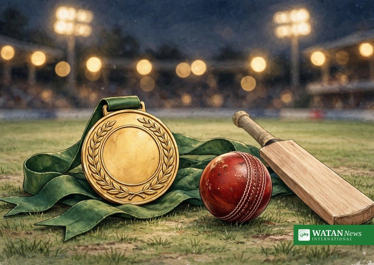 گولڈ میڈل، کرکٹ گیند اور بلے کے ہمراہ — ایشین گیمز 2026 کے فائنل کے سونے کے تمغے کی آرٹسٹک عکاسی