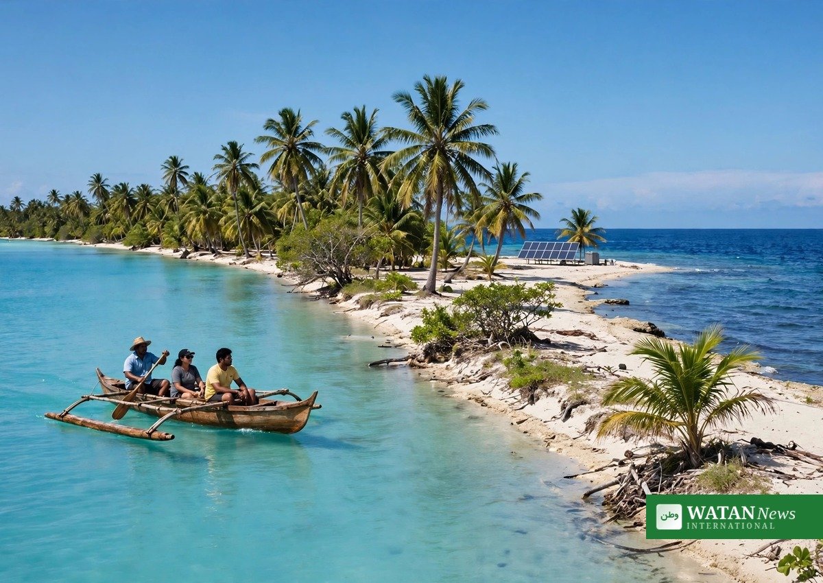 Tuvalu atoll with a traditional canoe and solar panels during the Pre-COP 31 Pacific leaders' visit