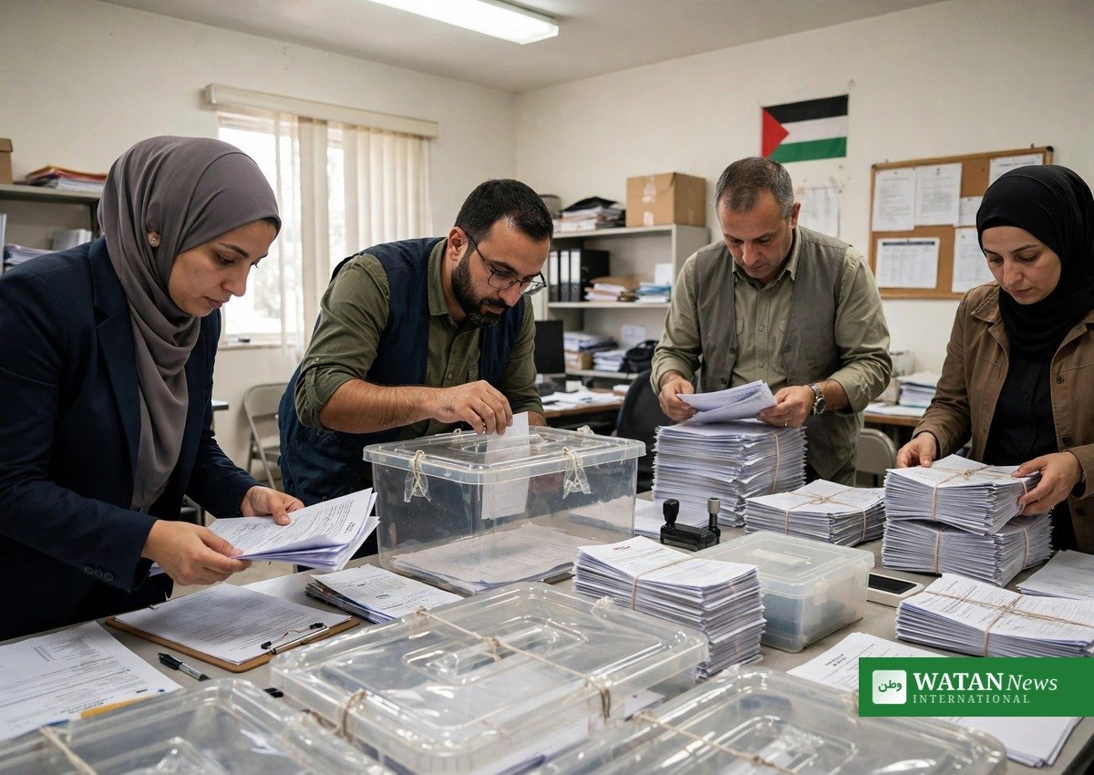 Palestinian election staff prepare ballot boxes and voter materials for the November 2026 legislative elections (illustration)