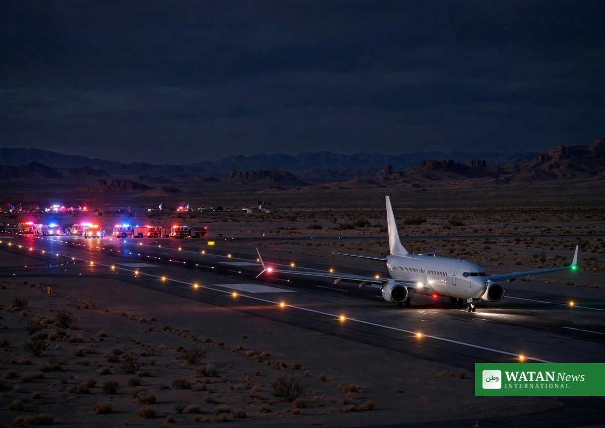 Flydubai terrorangreb: fly p&aring; landingsbanen i Tabuk, Saudi-Arabien efter n&oslash;dlandingen, m&oslash;dt af udrykningsk&oslash;ret&oslash;jer (illustration)