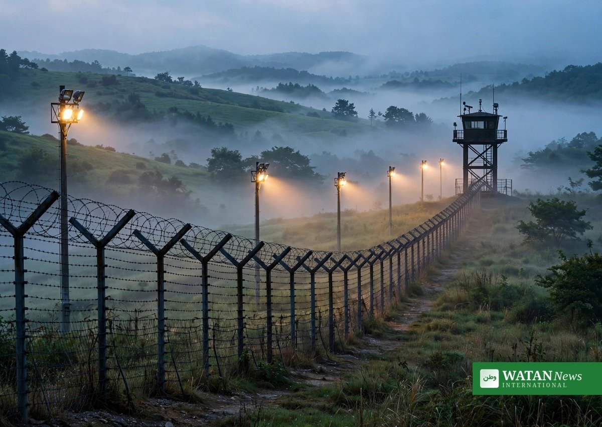 Barbed-wire fence and watchtower in the Korean Demilitarized Zone amid North Korea ballistic missile tensions (illustration)