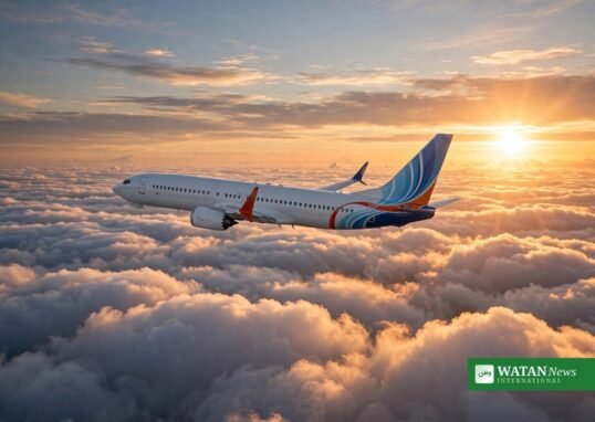 flydubai co-pilot crash axe attack: a flydubai aircraft descends over clouds after the attempted terror attack on flight FZ1073 (illustration)