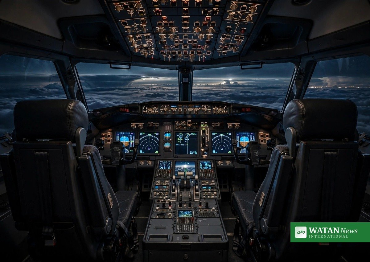 Interior of a commercial aircraft cockpit at cruising altitude, where the flydubai co-pilot crash axe attack took place on flight FZ1073