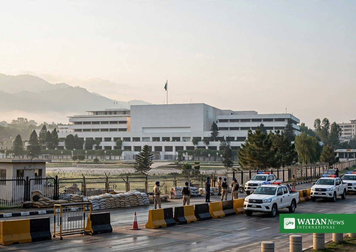 اسلام آباد سڑکیں — حفاظتی اقدام کے طور پر سڑک پر رکھے گئے شپنگ کنٹینرز اور سیکورٹی اہلکار (علامتی تصویر)