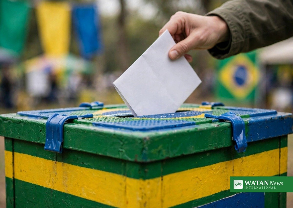 A voter casts a ballot in a box painted in Brazil's national colors in the 2026 Brazil election