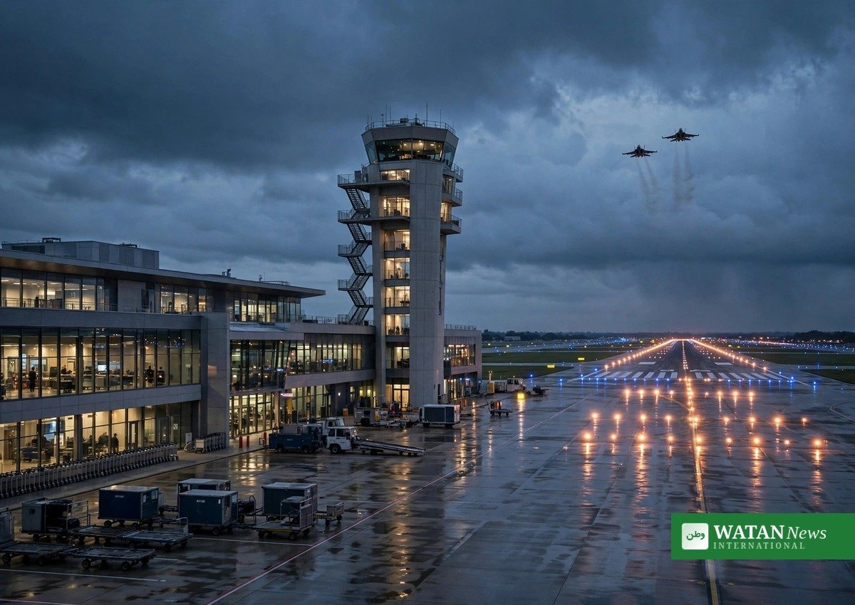 Kontroltårn og landingsbane i tusmørke med to kampfly på himlen — efter en dronealarm i Litauen blev luftrummet omkring Vilnius Lufthavn midlertidigt lukket lørdag (illustrationsfoto)