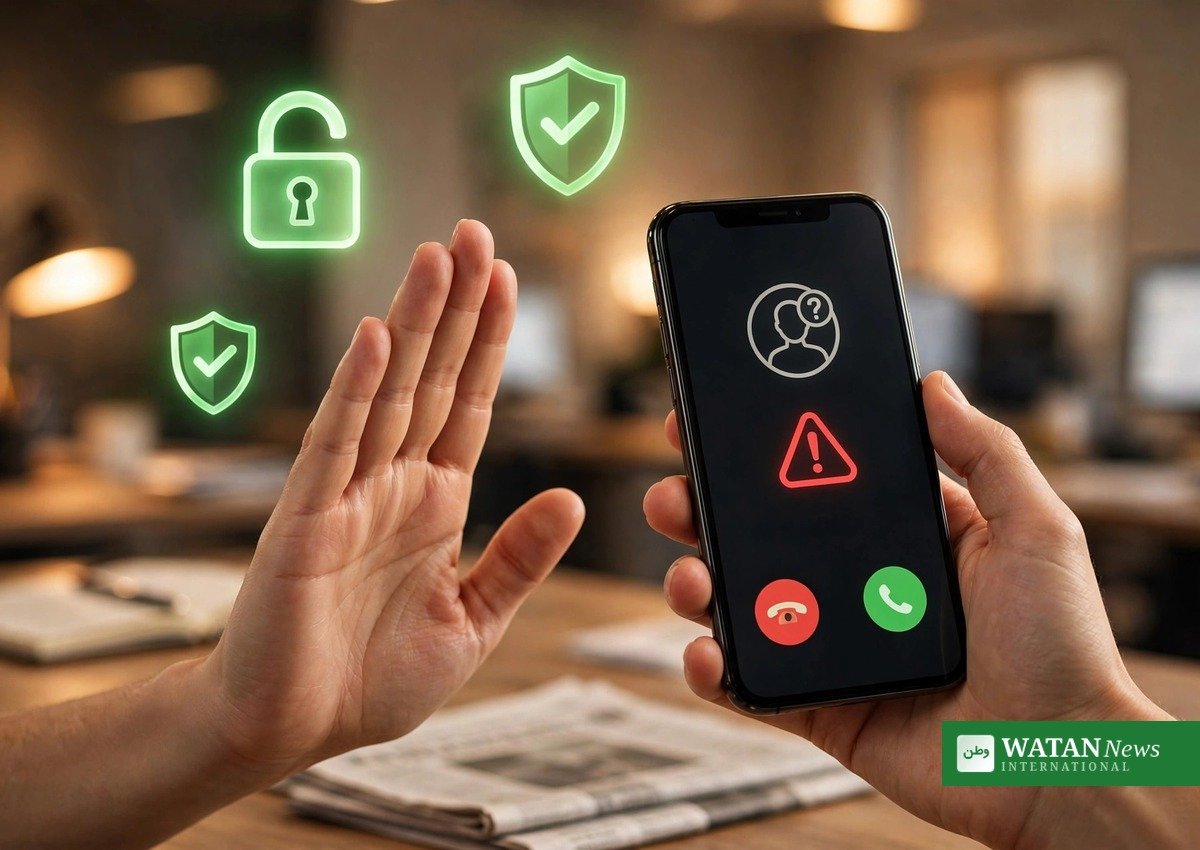 HEC fraud alert: hand blocking a suspicious unknown call to protect personal data