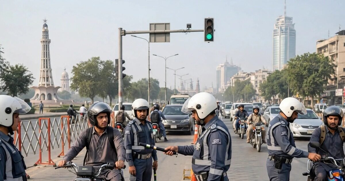 لاہور ٹریفک قوانین: ٹریفک وارڈن ہیلمٹ چیکنگ کے دوران موٹر سائیکل سواروں کو روک رہے ہیں