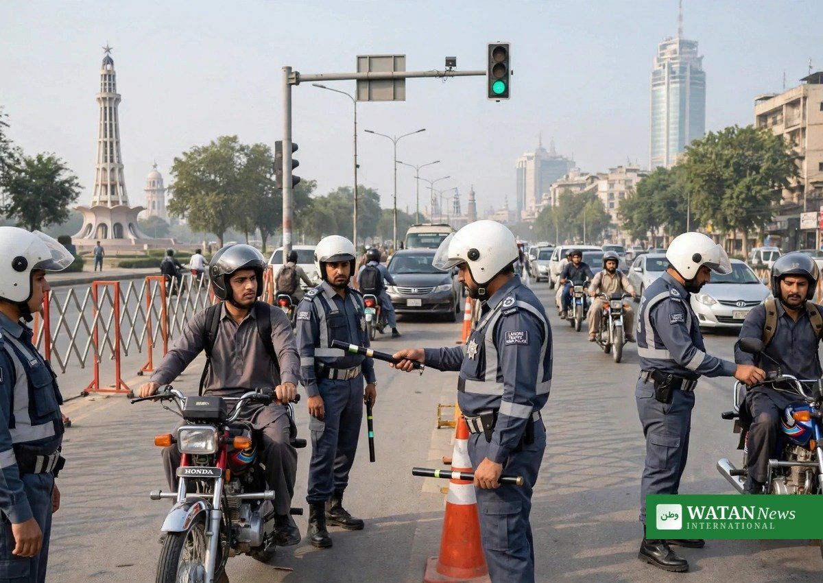 لاہور ٹریفک قوانین: ٹریفک وارڈن ہیلمٹ چیکنگ کے دوران موٹر سائیکل سواروں کو روک رہے ہیں