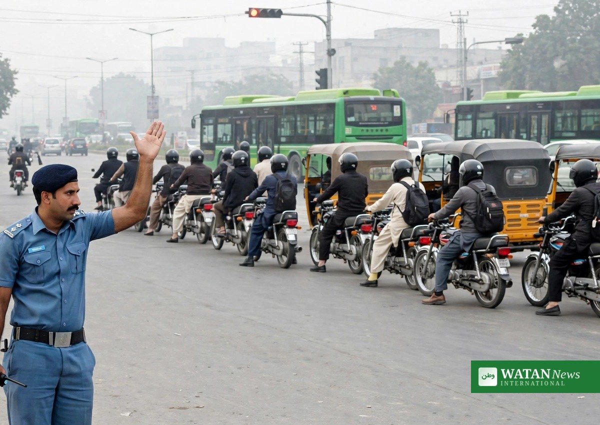 لاہور ٹریفک قوانین: ہیلمٹ پہنے موٹر سائیکل سواروں کے درمیان ٹریفک وارڈن کی رہنمائی