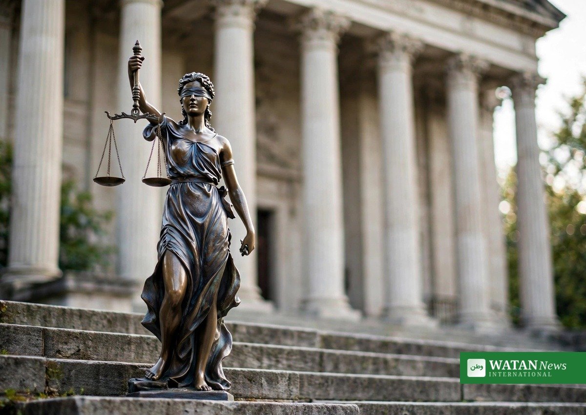 US Supreme Court new term: a Lady Justice statue with scales before courthouse columns