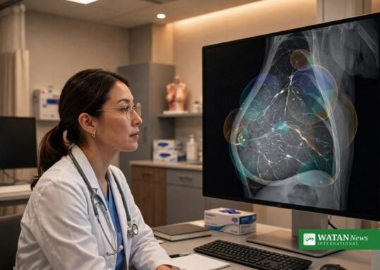Doctor reviewing an AI-analyzed mammogram for breast cancer detection in Mexico (AI breast cancer detection Mexico illustration)