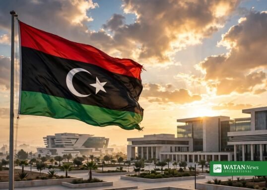 Libyan flag flying over government buildings in Tripoli - Libya unity talks thrown into crisis by drone attack allegations
