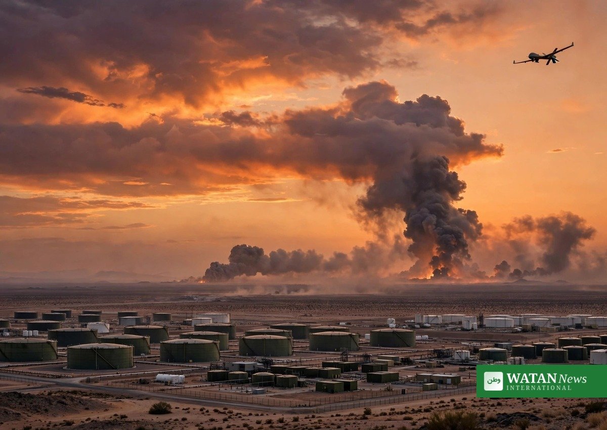 A drone over an oil storage facility at dusk — the August drone strikes that shook Libya’s unity talks