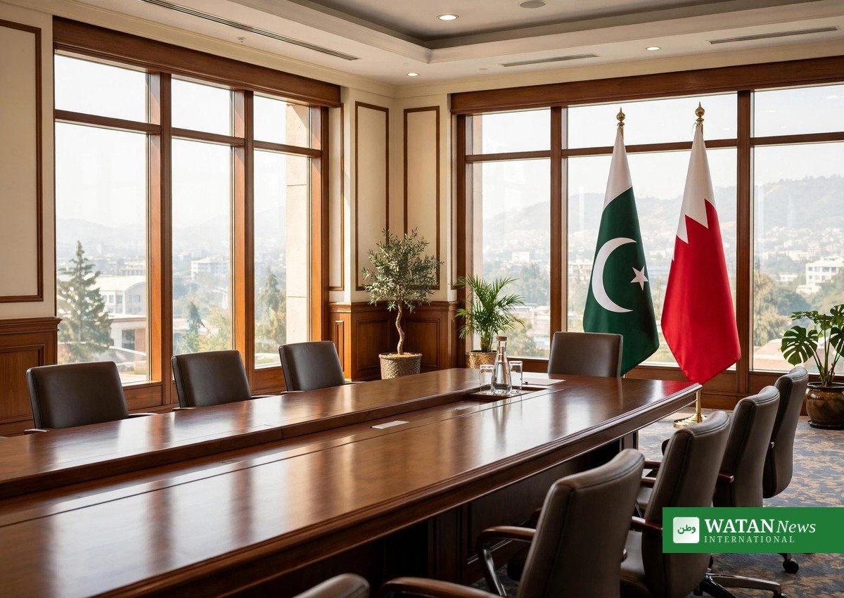 اسلام آباد میں کانفرنس روم میں پاکستان اور بحرین کے پرچم — پاکستان بحرین مشترکہ وزارتی کمیشن کے تیسرے اجلاس کی تیاریاں