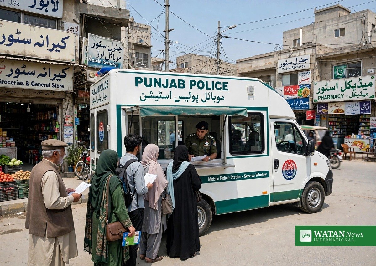 Punjab police mobile stations van serving citizens on a Lahore street
