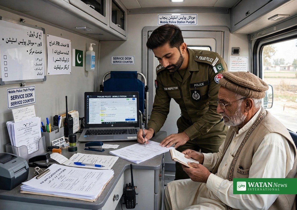 Sub-inspector helping a citizen inside a Punjab police mobile stations van at the service desk