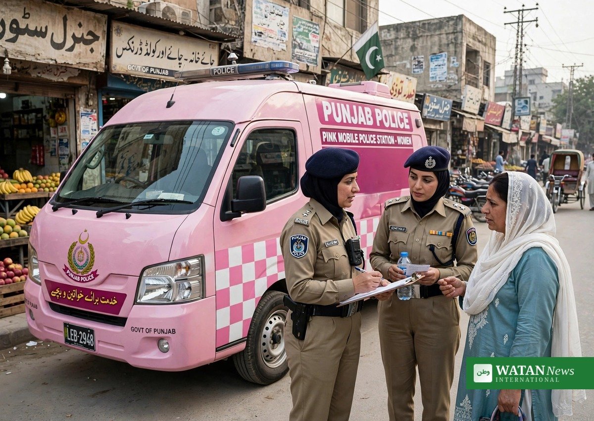 Female officers at a Pink Punjab police mobile stations van for women in Punjab