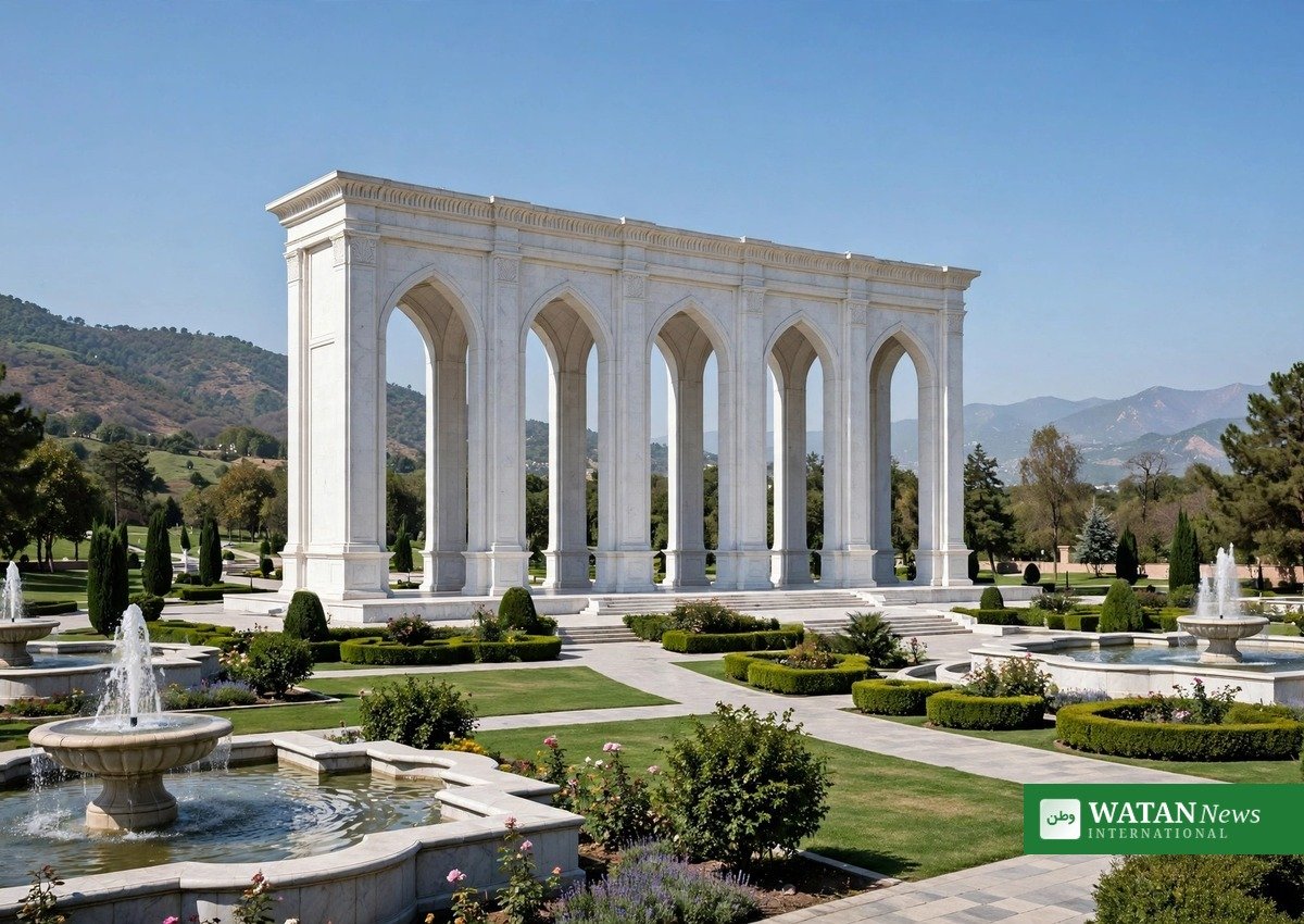Yadgar-e-Fatah monument in Islamabad: white marble victory monument with five archways and fountains in landscaped gardens