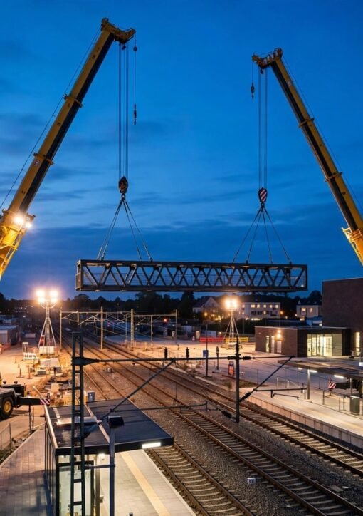 To kæmpe mobilkraner løfter gangbrosegment på plads ved Hillerød Station