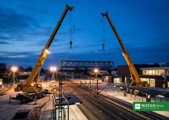 To kæmpe mobilkraner løfter gangbrosegment på plads ved Hillerød Station