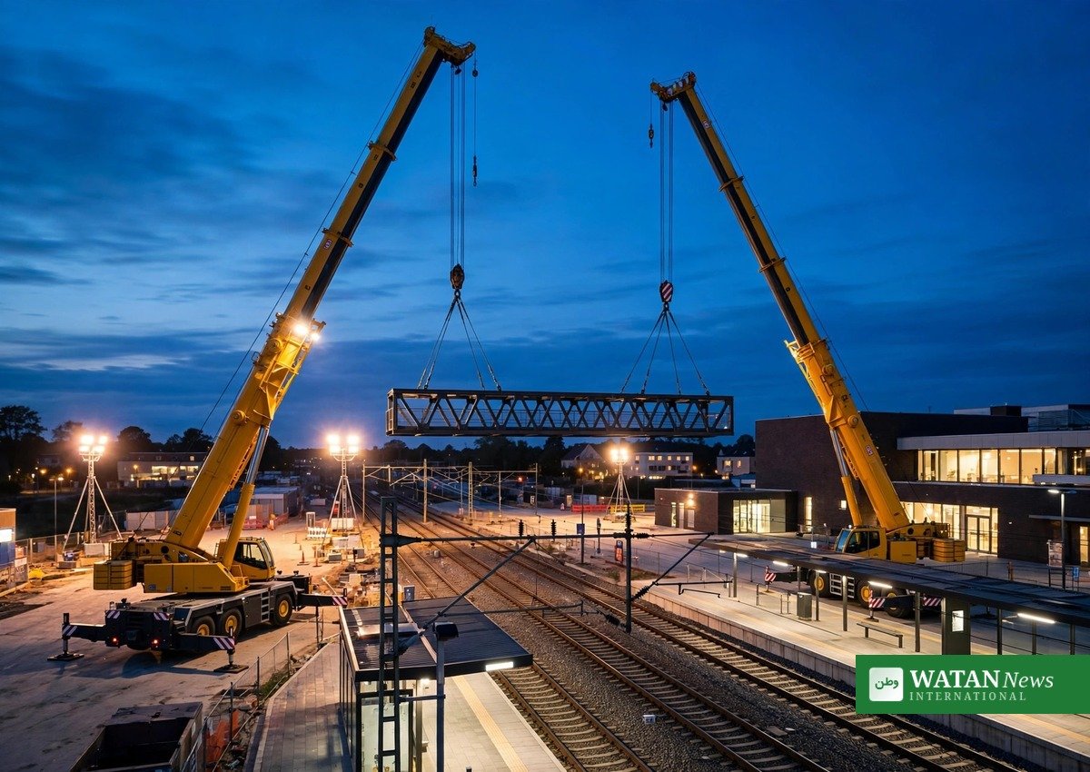 To kæmpe mobilkraner løfter gangbrosegment på plads ved Hillerød Station