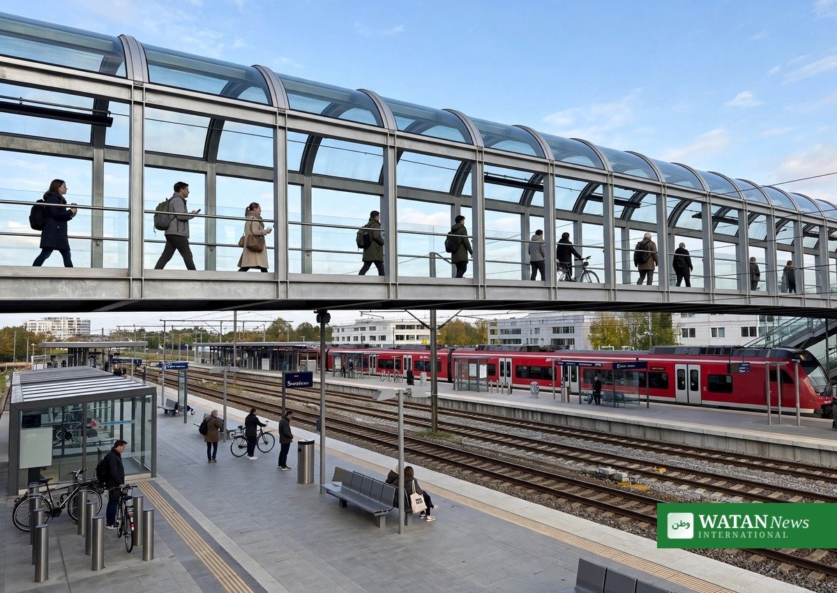 Moderne glasinddækket gangbro over sporene ved Hillerød Station