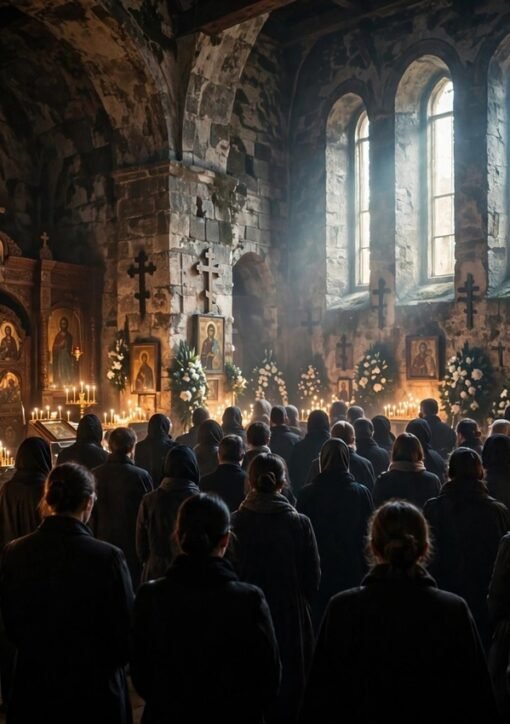 Mourners gather for the Gaza church funeral at Saint Porphyrius Church in Gaza City