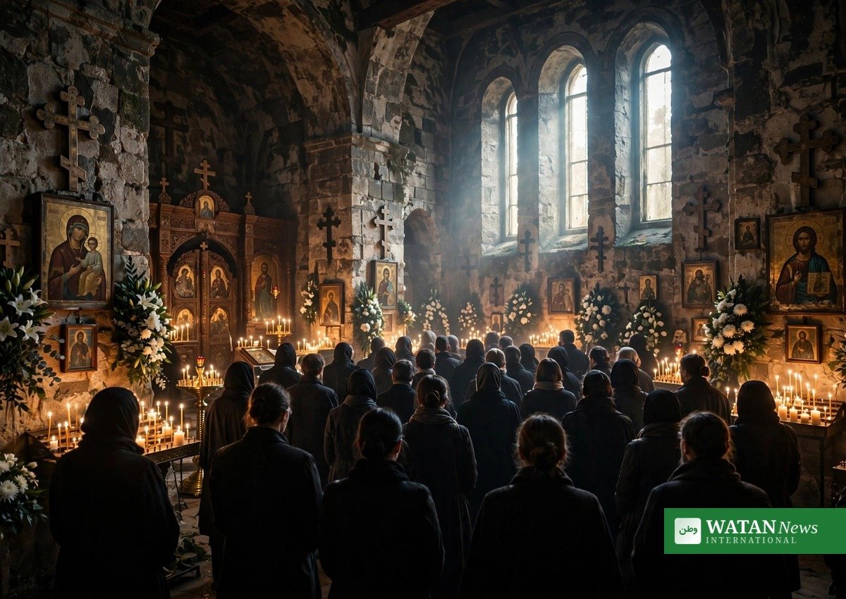 Mourners gather for the Gaza church funeral at Saint Porphyrius Church in Gaza City