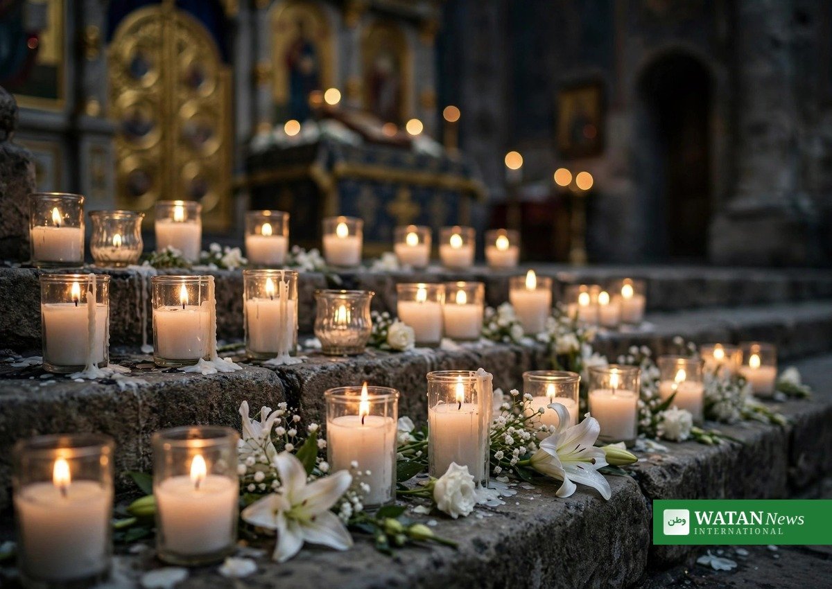 Candles and flowers at the Gaza church funeral memorial in Gaza City
