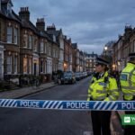 East Acton shooting — police cordon and Metropolitan Police officers on a residential London street, illustration