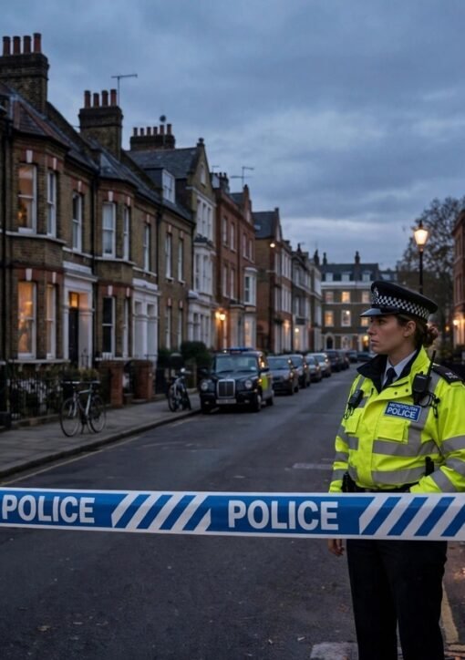 East Acton shooting — police cordon and Metropolitan Police officers on a residential London street, illustration