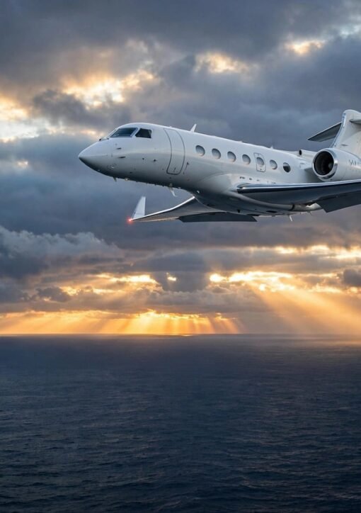 Air ambulance missing Bermuda Boston — illustrative image of a Gulfstream jet flying over the Atlantic at dawn