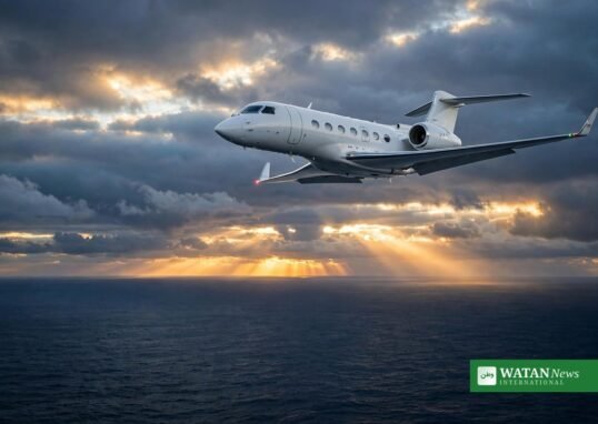 Air ambulance missing Bermuda Boston — illustrative image of a Gulfstream jet flying over the Atlantic at dawn