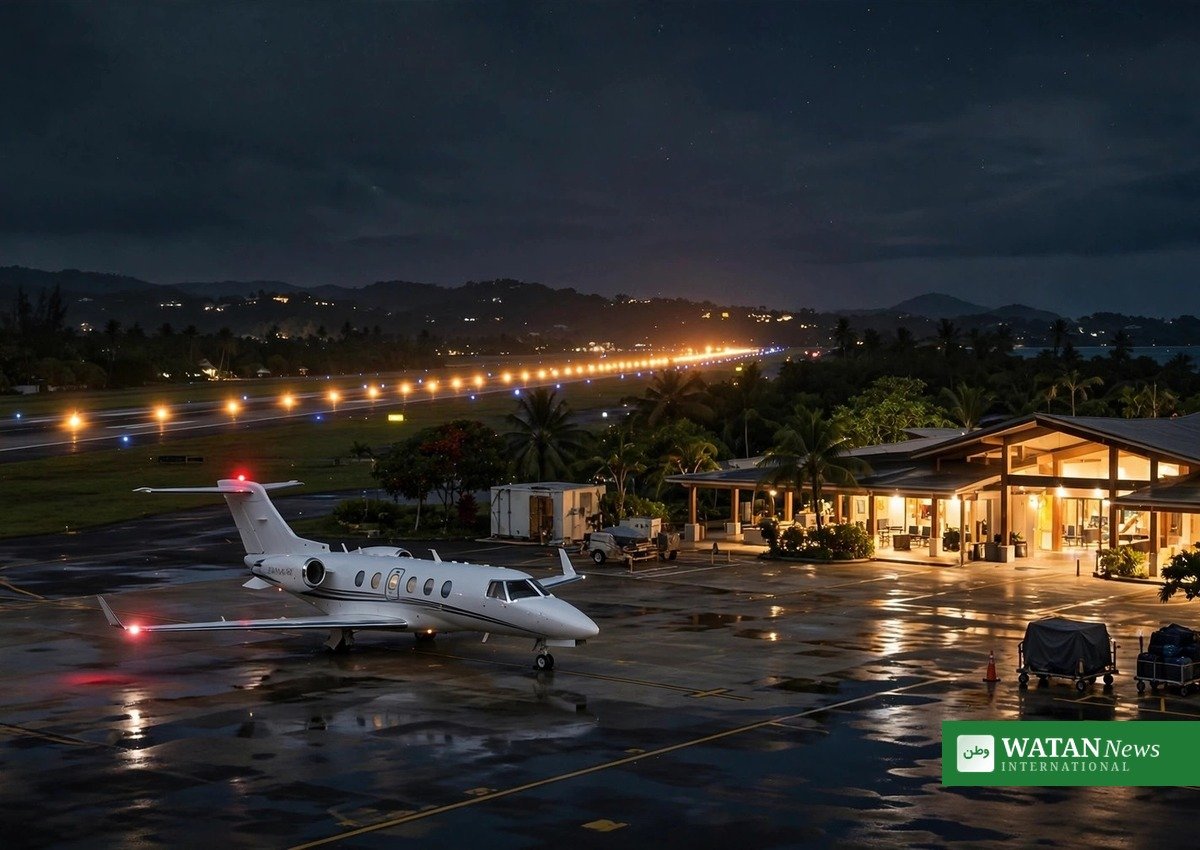 Air ambulance missing Bermuda Boston — private jet at a tropical island airport at night, illustrative image of the Bermuda departure