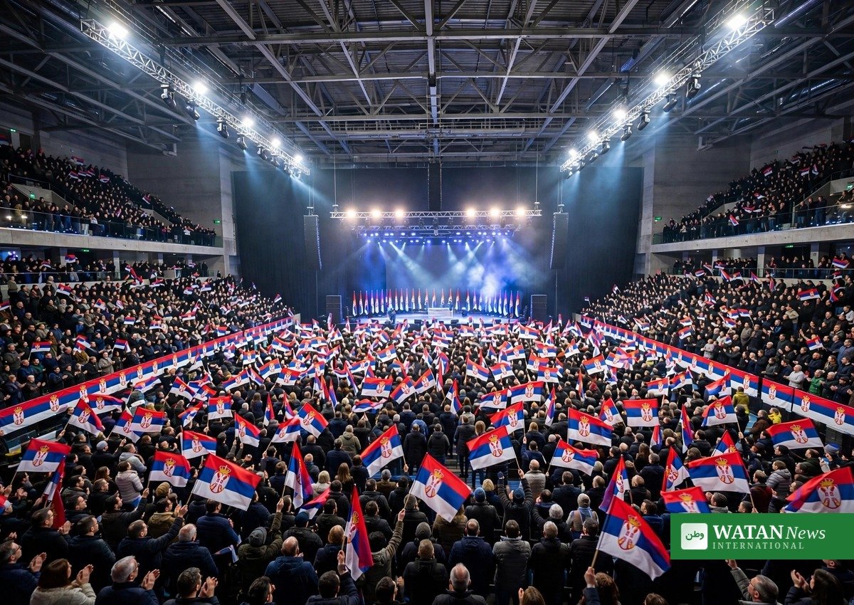 Vucic prime minister campaign rally at packed Belgrade Arena