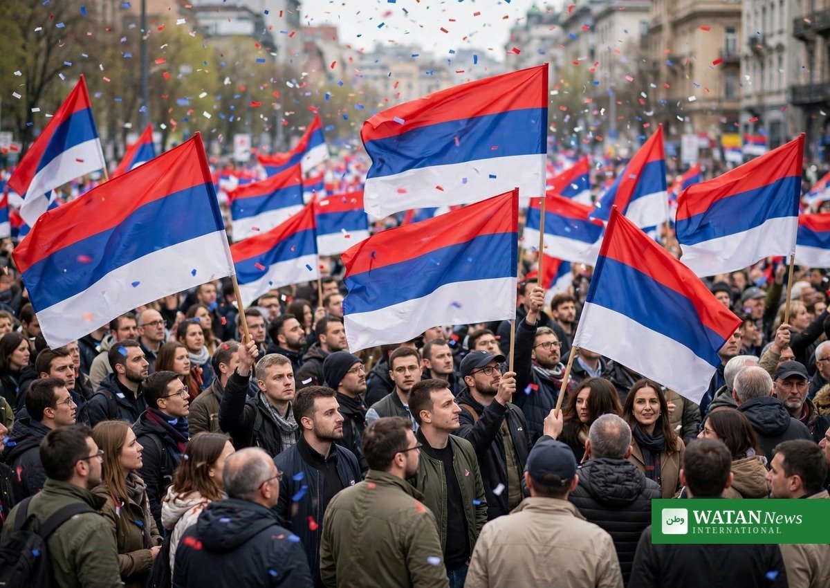 Serbian flags at the Vucic prime minister campaign rally in Belgrade