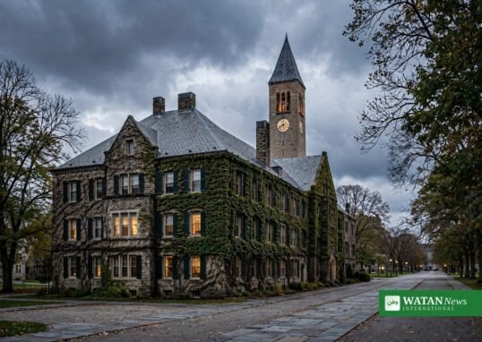 Cornell University campus at dusk amid the Cornell fraternity rape case