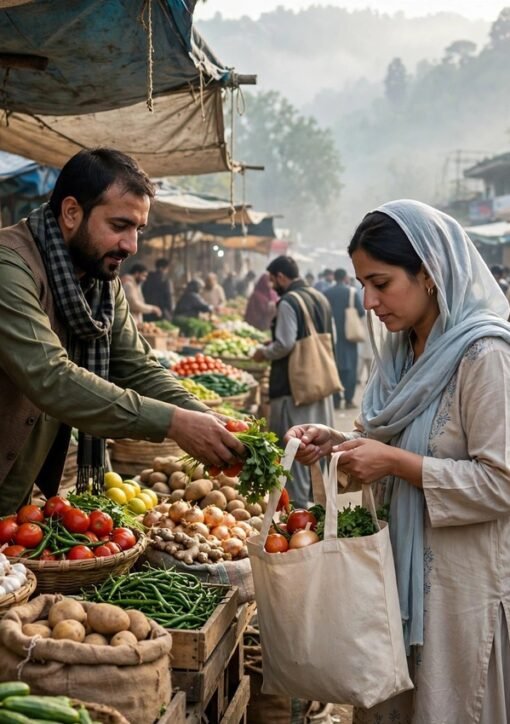Shoppers at an Islamabad market carry groceries in reusable cotton bags as the plastic-free Islamabad campaign pushes residents to drop single-use plastics