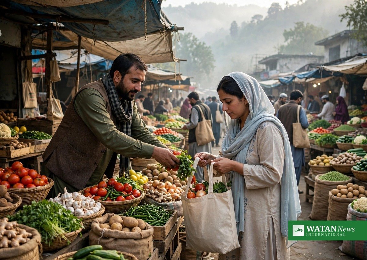 Shoppers at an Islamabad market carry groceries in reusable cotton bags as the plastic-free Islamabad campaign pushes residents to drop single-use plastics