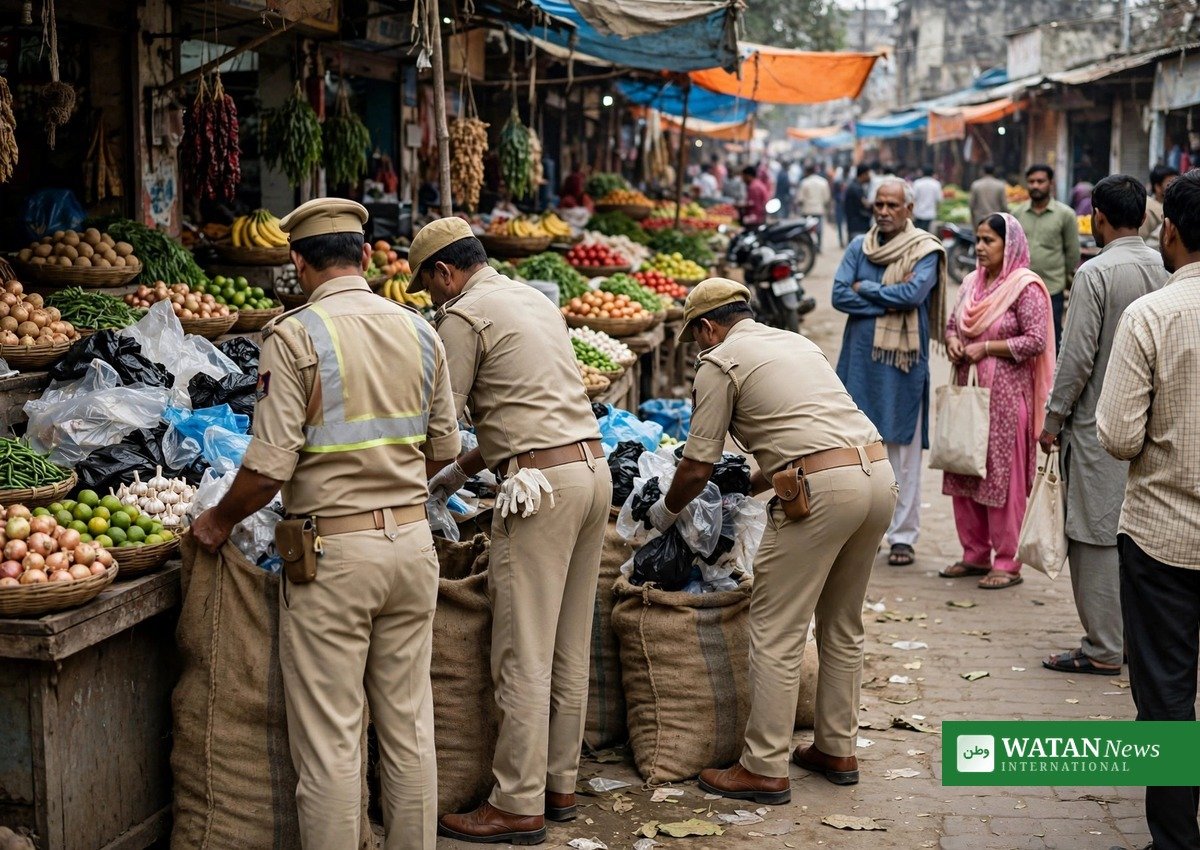 Enforcement officers confiscate banned polythene bags from a market stall during Islamabad’s plastic-free enforcement drive